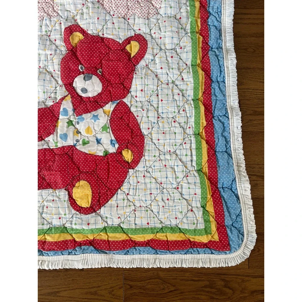 VTG 1980s Baby Dreams Puff Quilt Rainbow Teddy Bear Nursery Biscuit Quilt USA